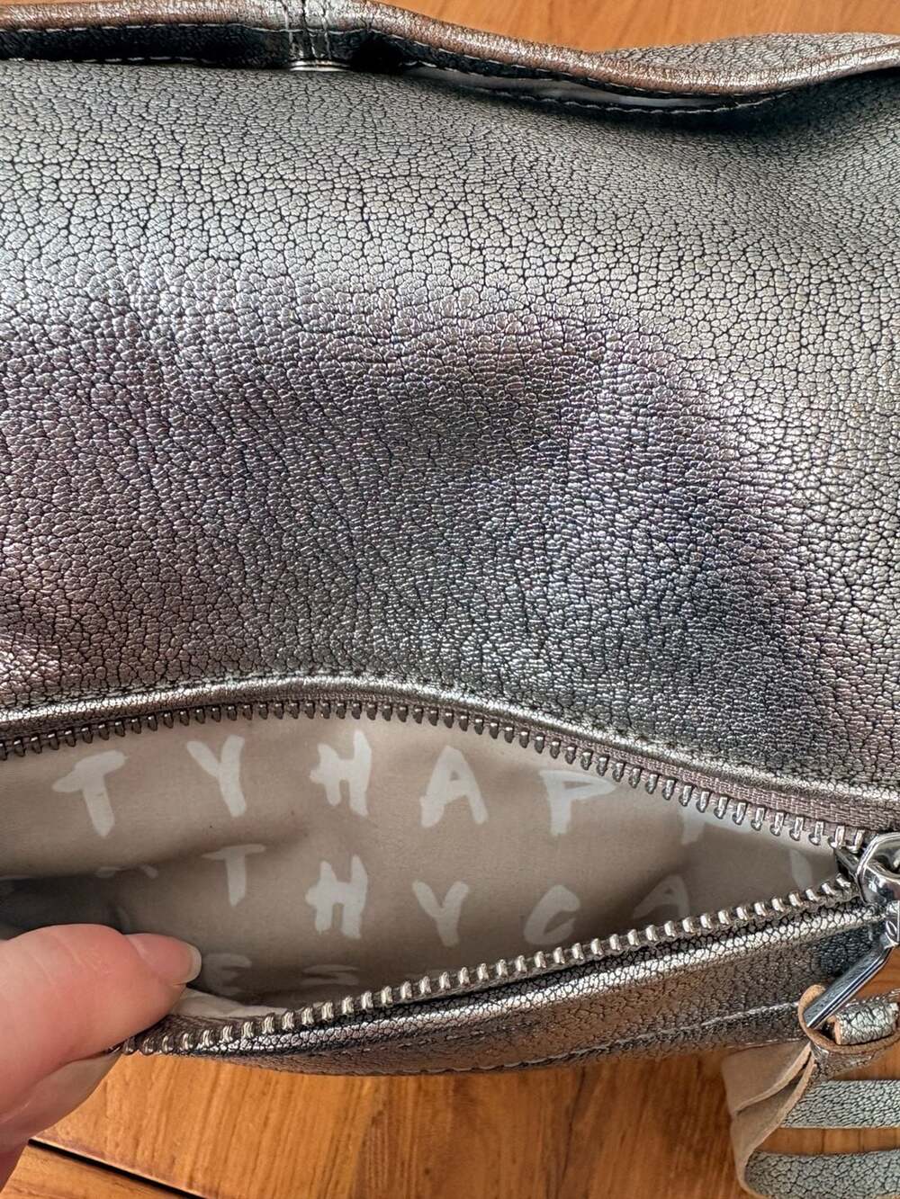 Aimee Kestenberg Fifth Avenue Pewter Leather Metallic Crossbody Bag - Picture 9 of 15